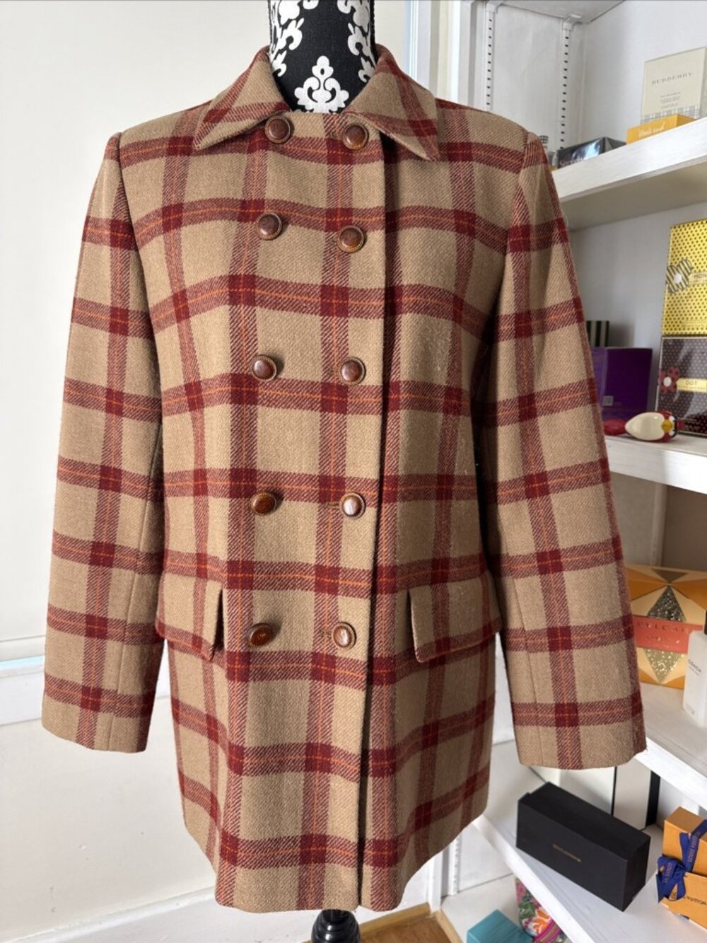 Harve Benard Coat Women S/M Brown orange Plaid Wool Lined Buttons Elbow patches